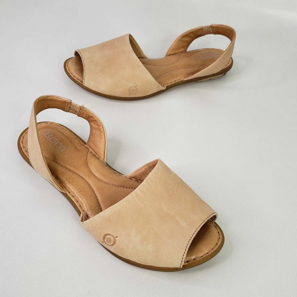 Born Trang Slingback Sandals Womens 9 Beige Leather Cushioned Peep Toe Flats